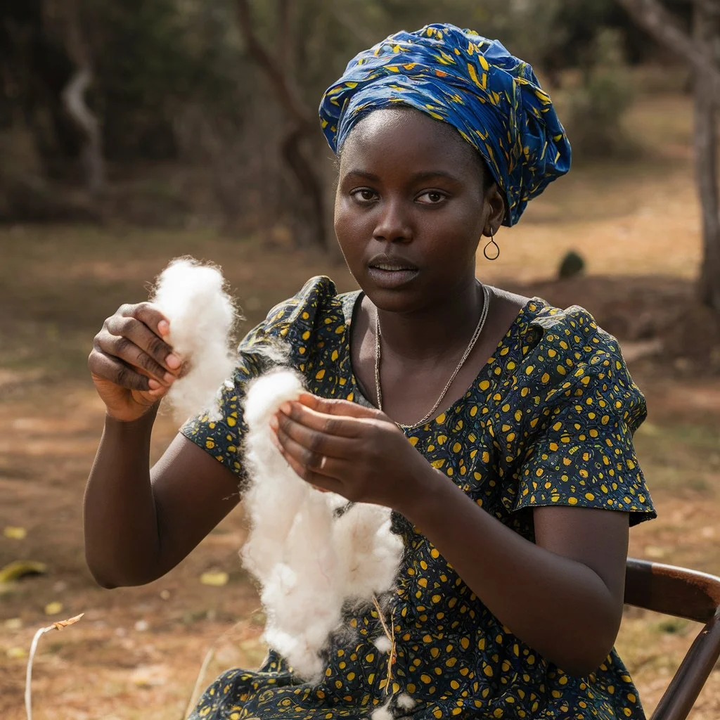 Une femme entrain de filer du coton bio